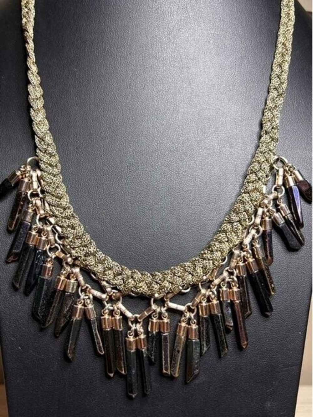 B7202 Stella & Dot Statement Bib Necklace " Braided Cord Dark charm dangle 20"